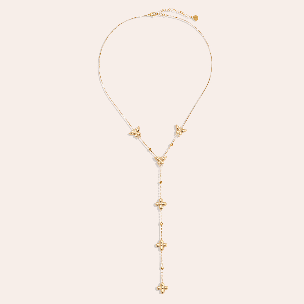 41cm Y-Kette mit Schmetterling und Blumen Edelstahl Halskette    