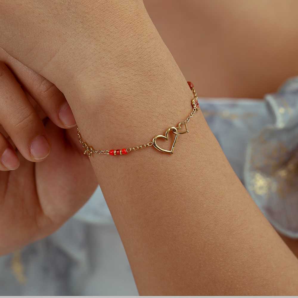 17cm Herz Schleife und rote Blume Edelstahl Armband    