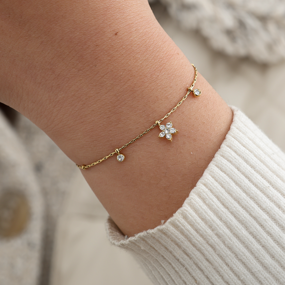 17cm Flower And Diamond Dots Edelstahl Armband    