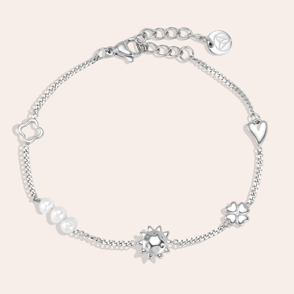 Edelstahl Armband 16cm Sonne Kleeblatt Herz und Perle