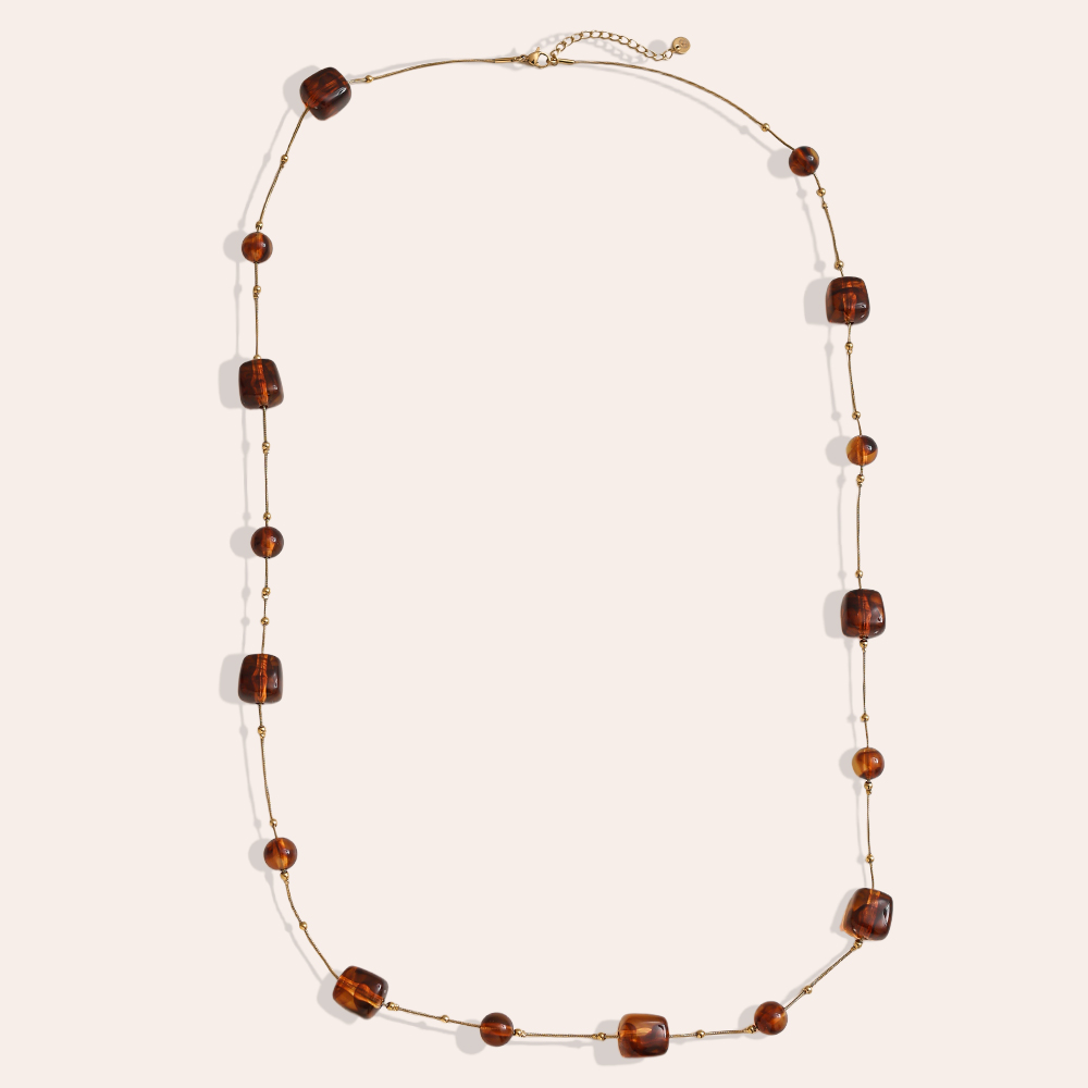 90cm Harzwürfel und Perlchen Edelstahl Halskette    