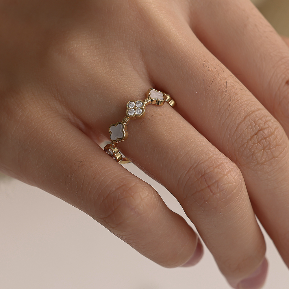 Diamond Lucky Flower And Shell Flower Edelstahl Ring         