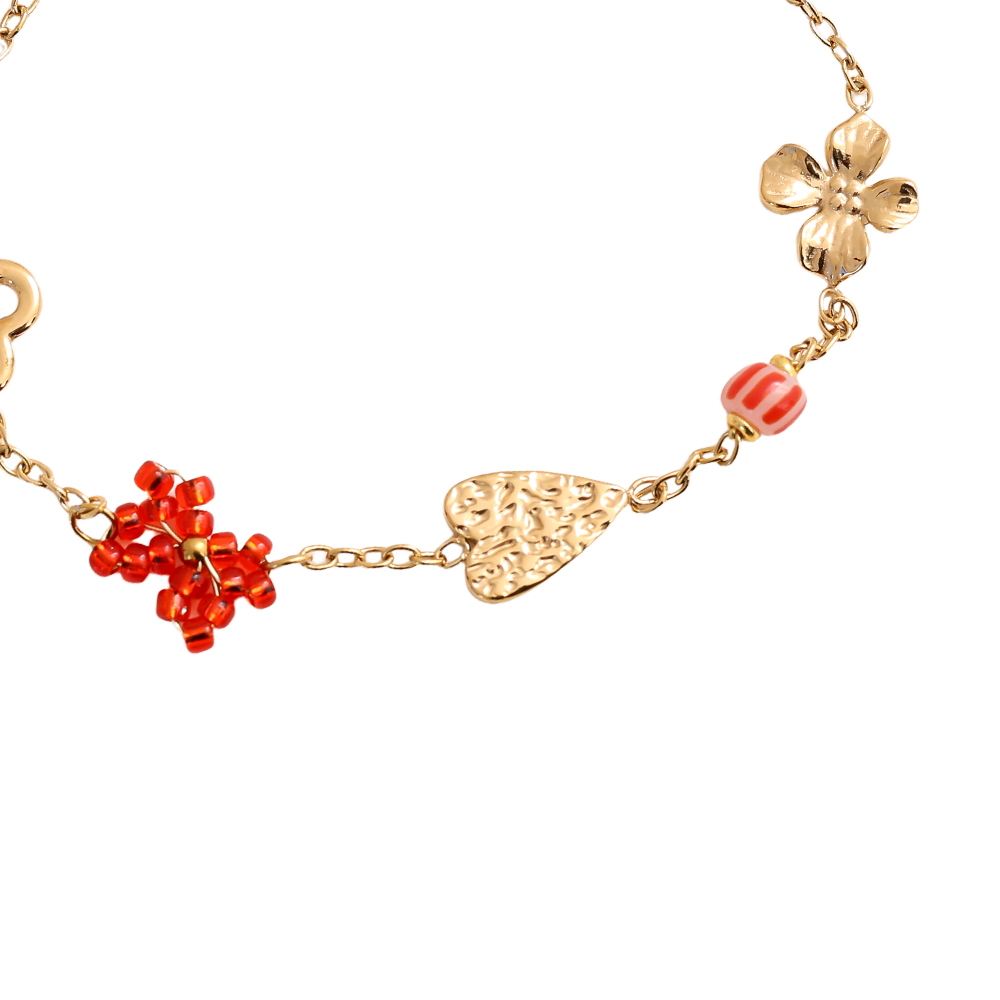 16cm Herz, Kleeblatt und Blumen Perlen Edelstahl Armband