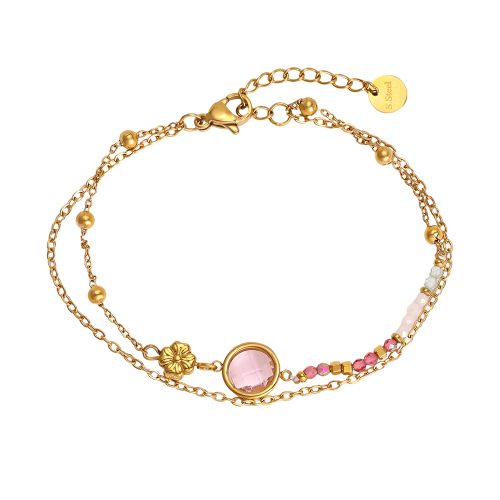 Edelstahl Armband 17cm rosa runder Zirkonia und goldene kleine Blume
