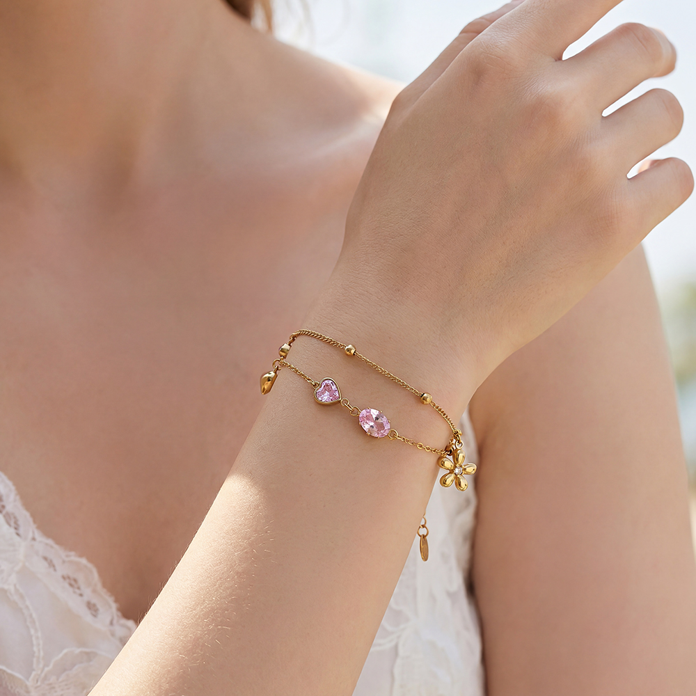 Edelstahl Armband 17cm rosa Zirkonia und goldene Blume