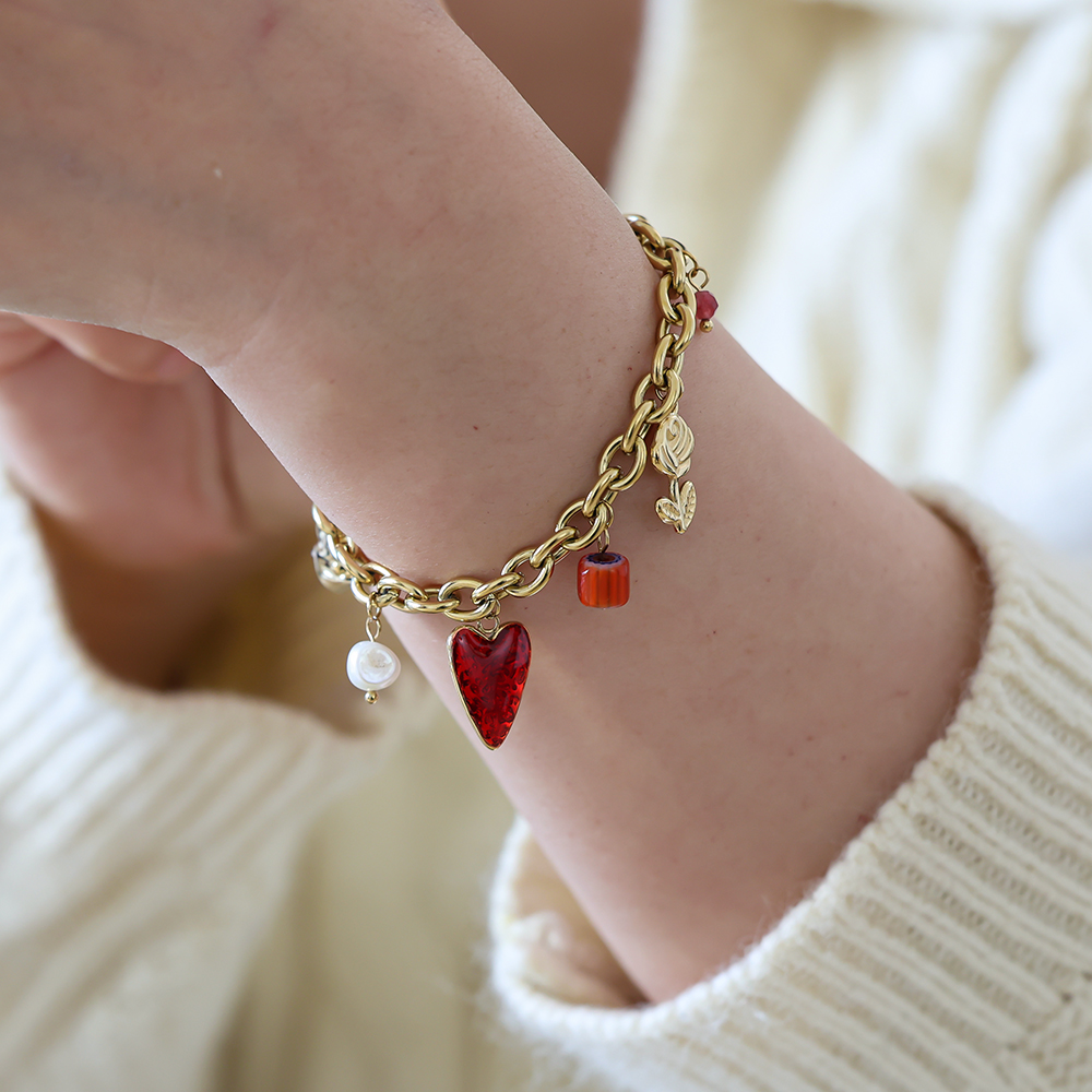 17cm rotes Herz Blume Perle und fliegende Taube Edelstahl Armband      