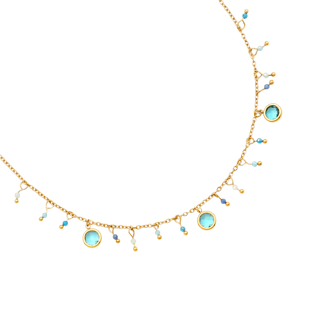 40cm blaue Glasperlen und blaue Kristalle Edelstahl Halskette  