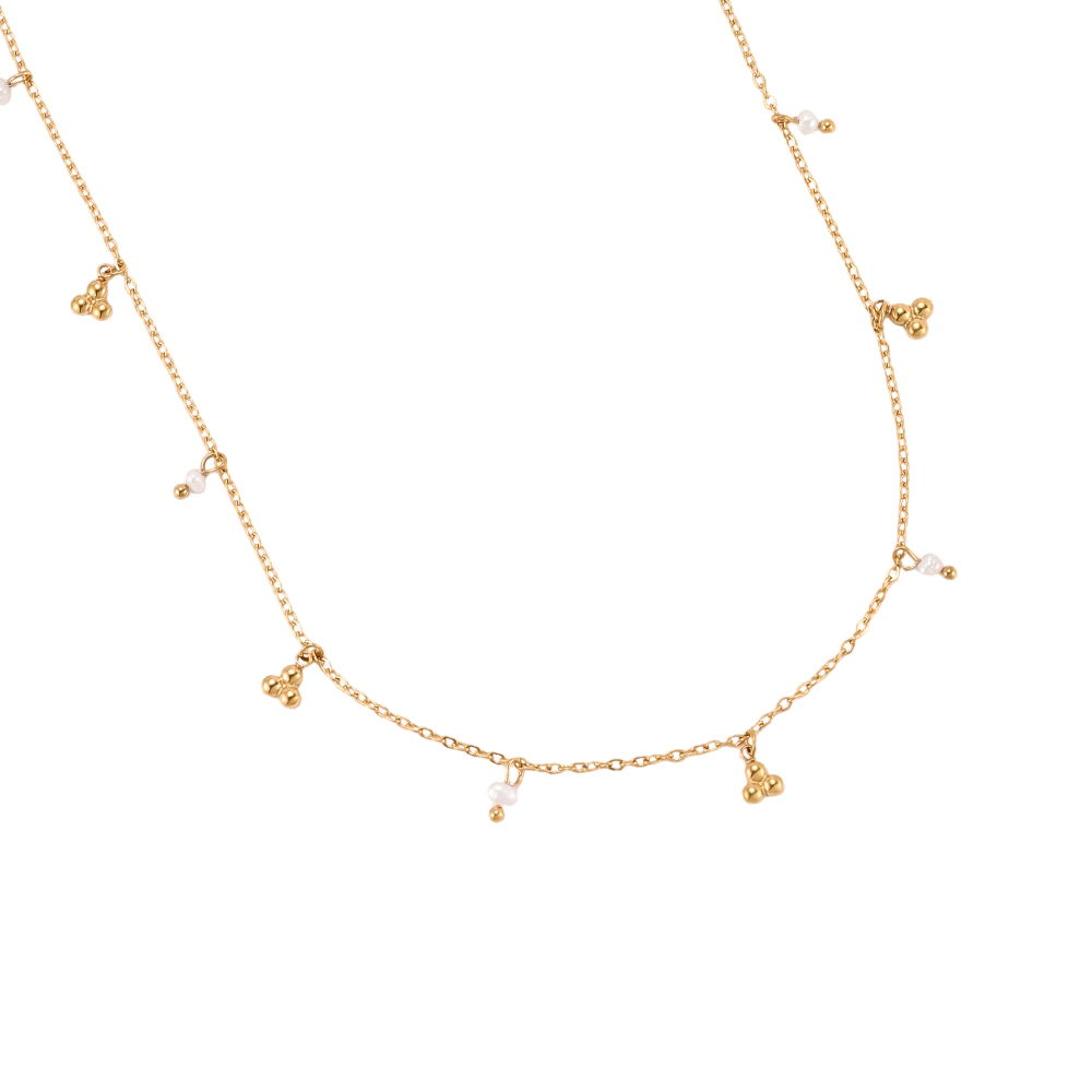 Edelstahl Halskette 42cm Perlen und goldene Punkte