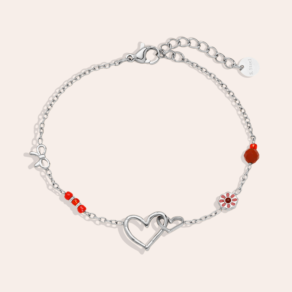 17cm Herz Schleife und rote Blume Edelstahl Armband    