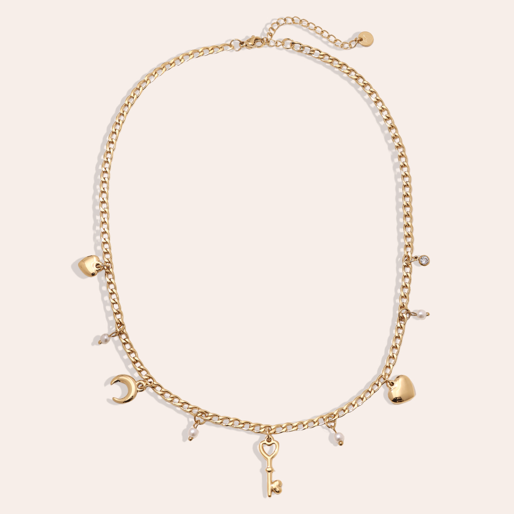 41cm Herz Mond Schlüssel und Perle Edelstahl Halskette