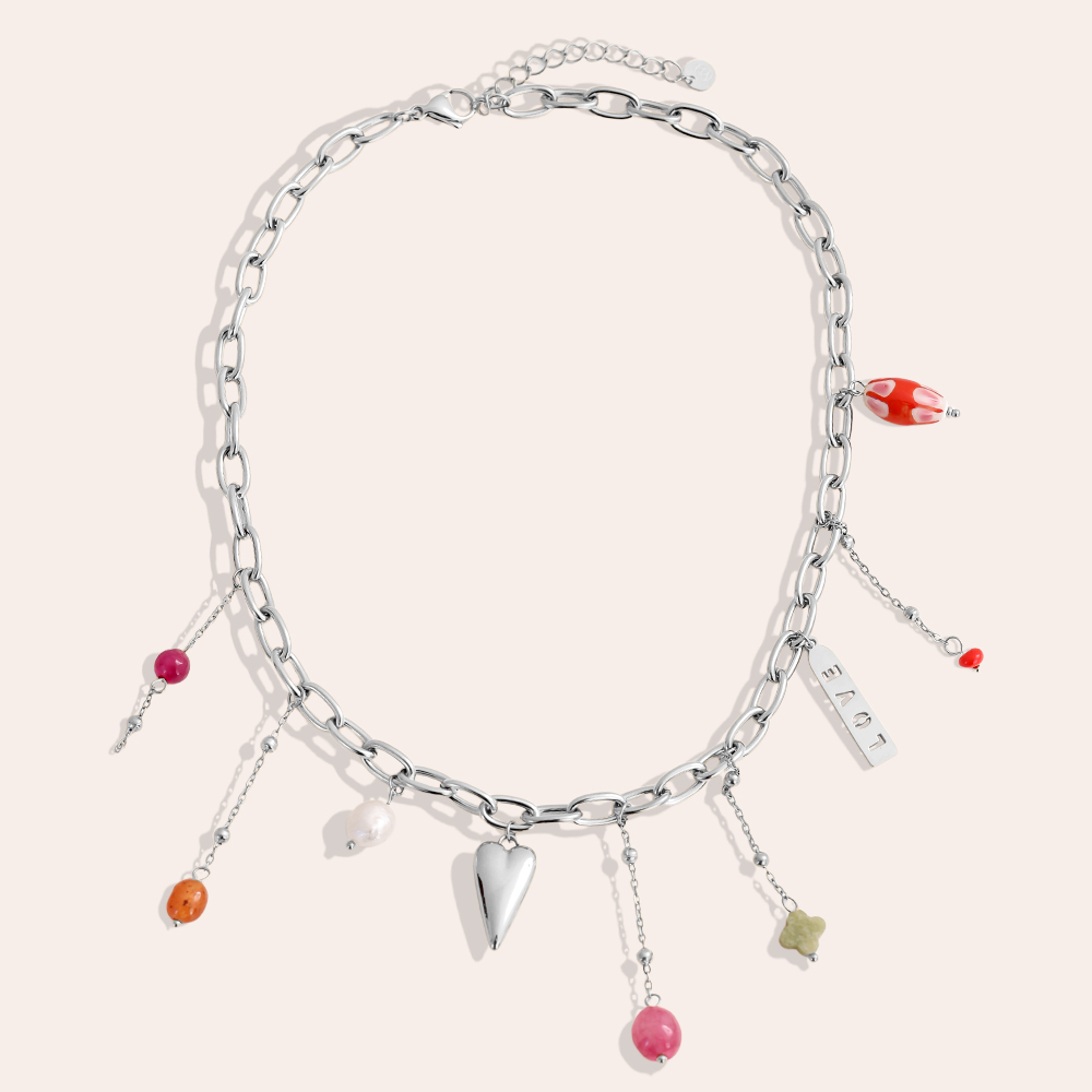 40cm Beads Perlen Herz Love Edelstahl Halskette