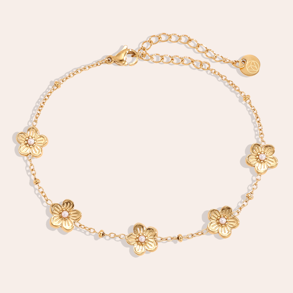 Edelstahl Armband 17cm Fünf Blumen mit kleinen Kunstperlen