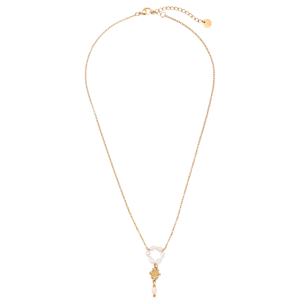 Edelstahl Halskette 42cm Perlenring und goldene Blume