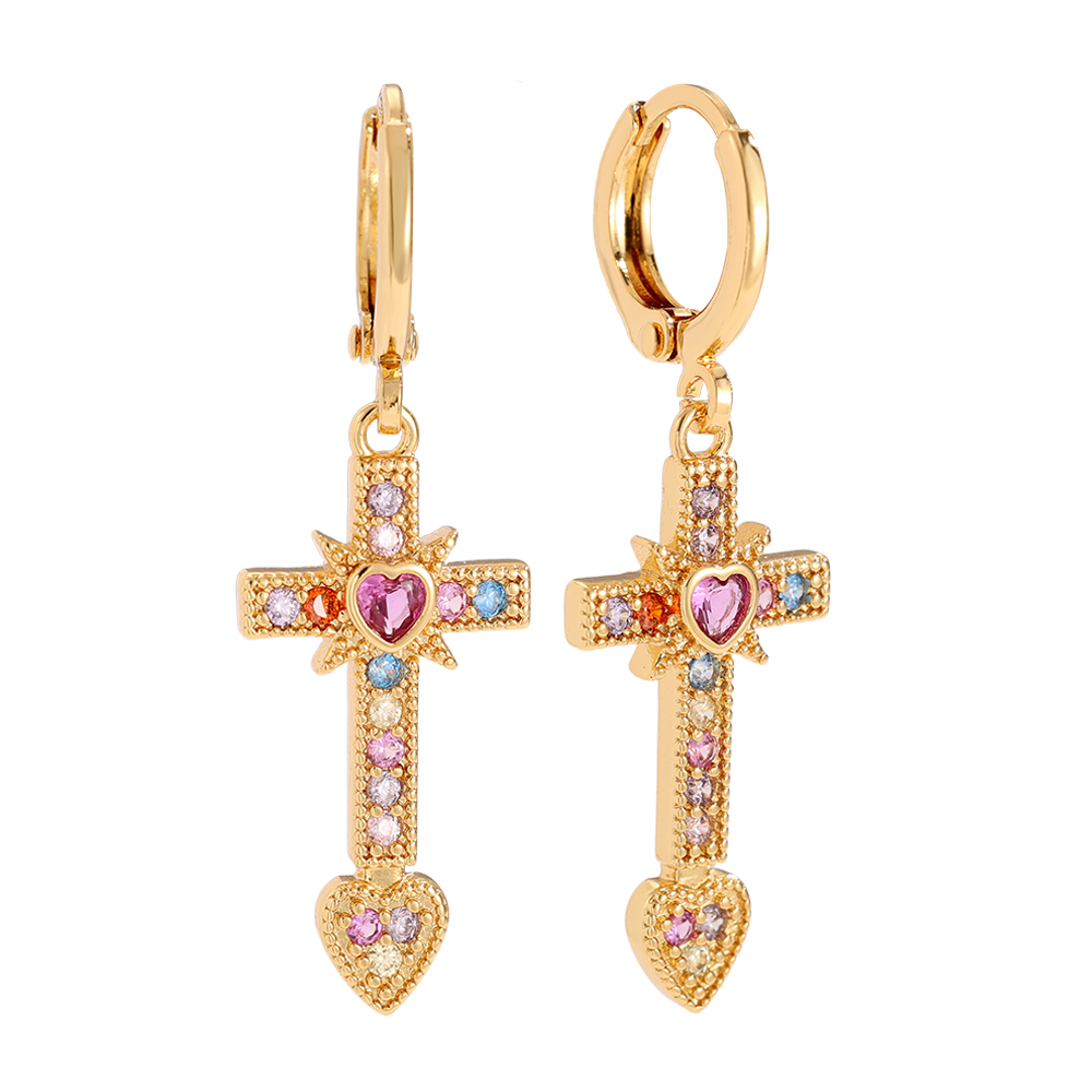 3.9cm Diamond Cross And Heart Vergoldete Ohrringe      