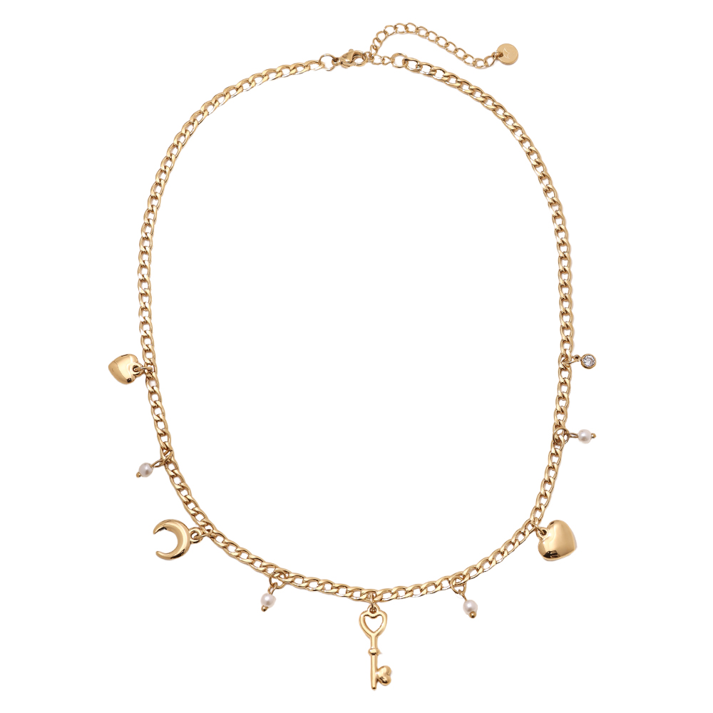 41cm Herz Mond Schlüssel und Perle Edelstahl Halskette