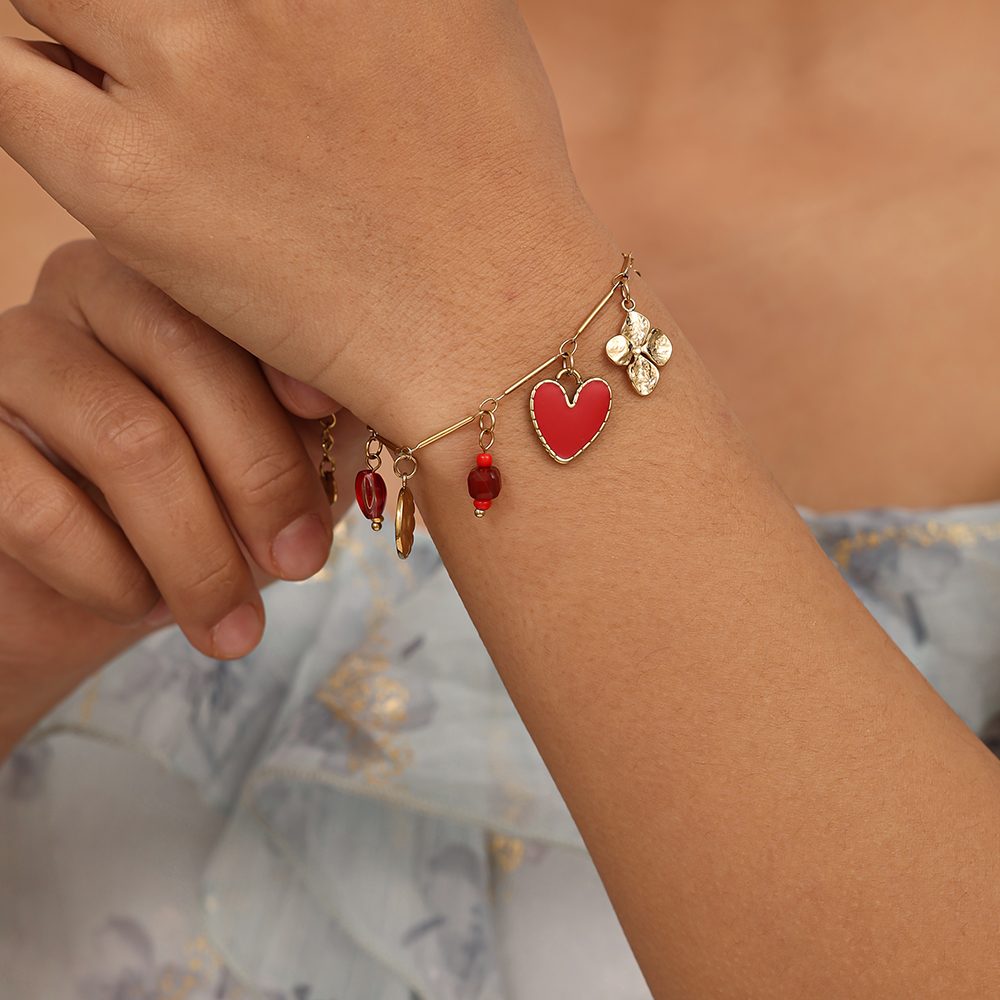 16cm rote Herz und Blume Edelstahl Armband     