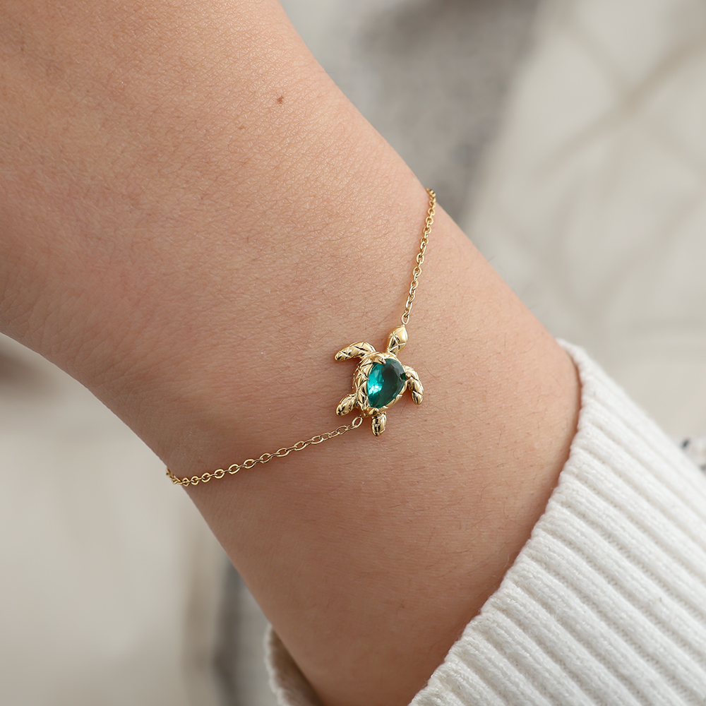 16cm Turtle And Green Diamond Stainless Steel Bracelet      