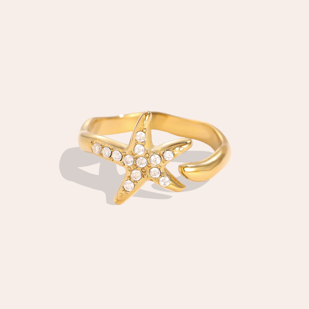 Verstellbarer Strass Seestern Edelstahl Ring 