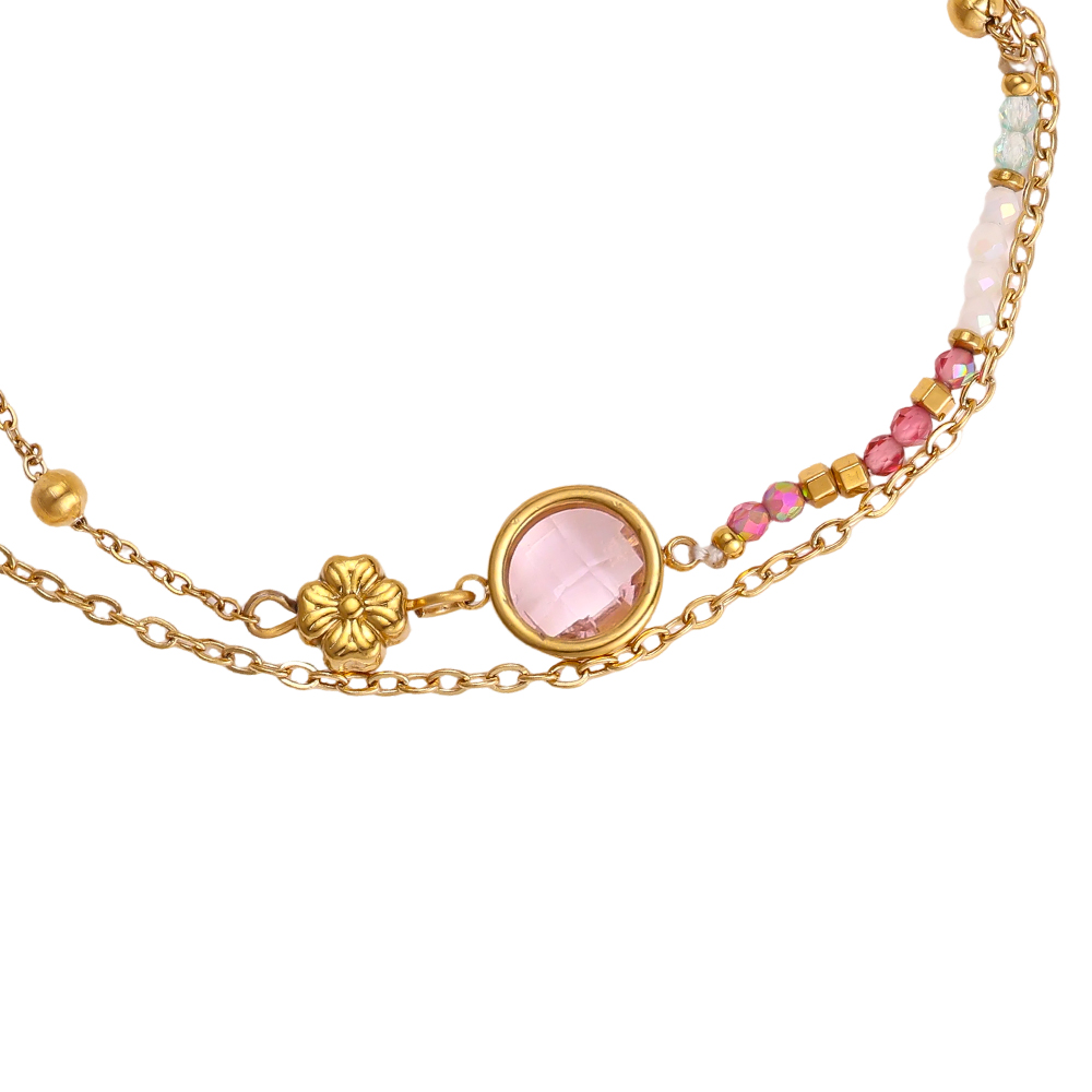 Edelstahl Armband 17cm rosa runder Zirkonia und goldene kleine Blume