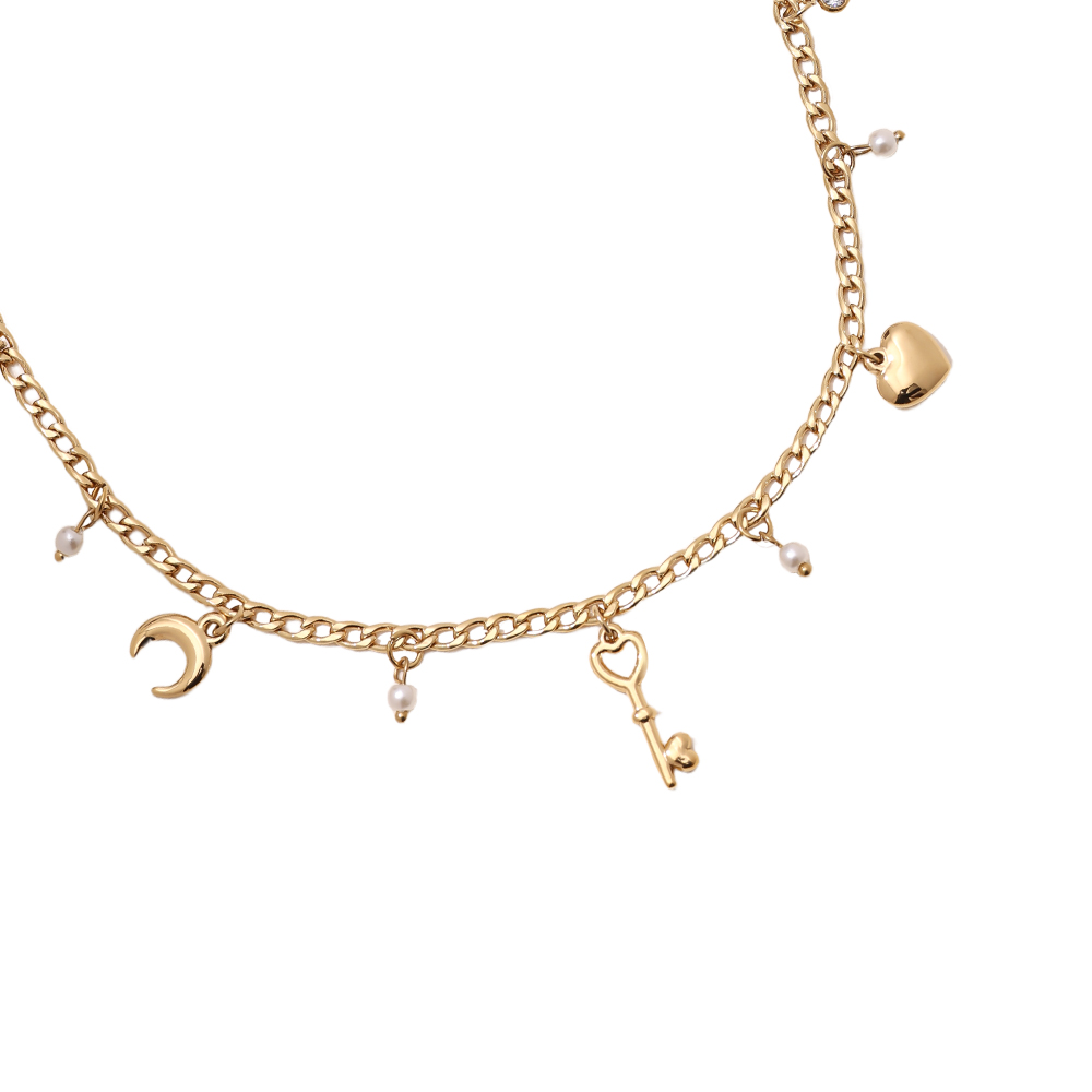 41cm Herz Mond Schlüssel und Perle Edelstahl Halskette