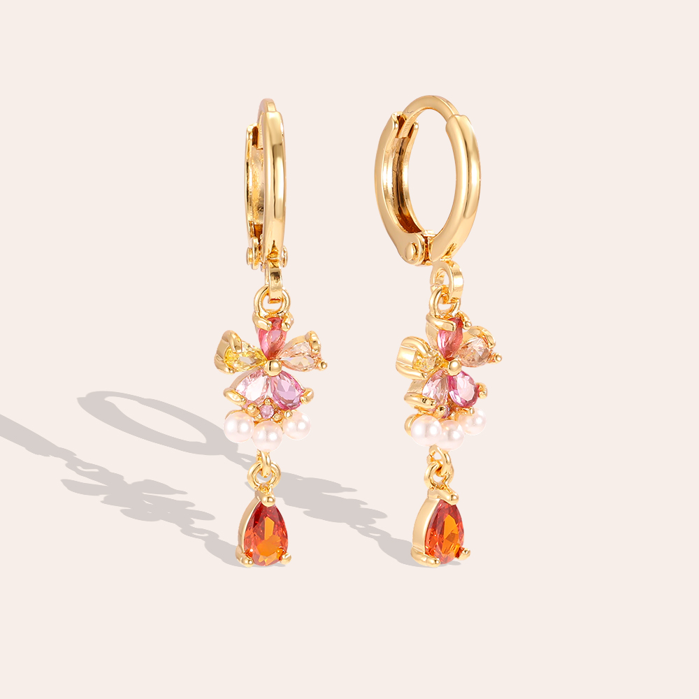 Vergoldete Ohrringe 34mm Farbiger Zirkonia Blume   