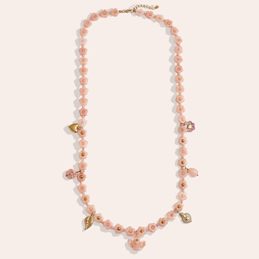 90cm Harzblumen-Kette mit Charms Edelstahl Halskette       