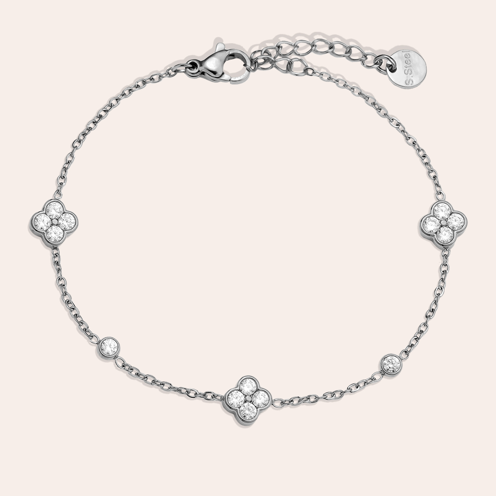 17cm Feines Zirkonia Kleeblatt Edelstahl Armband 