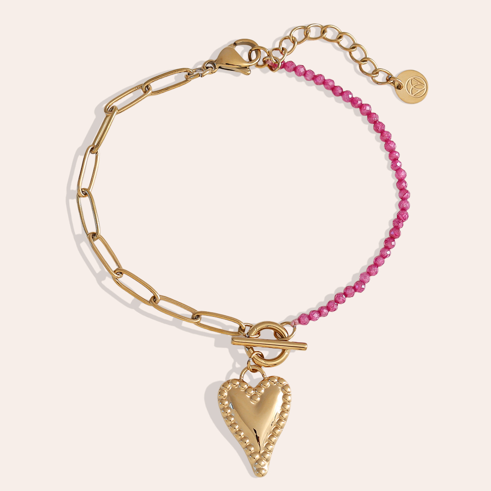 16cm Farbige Beads Herz Edelstahl Armband