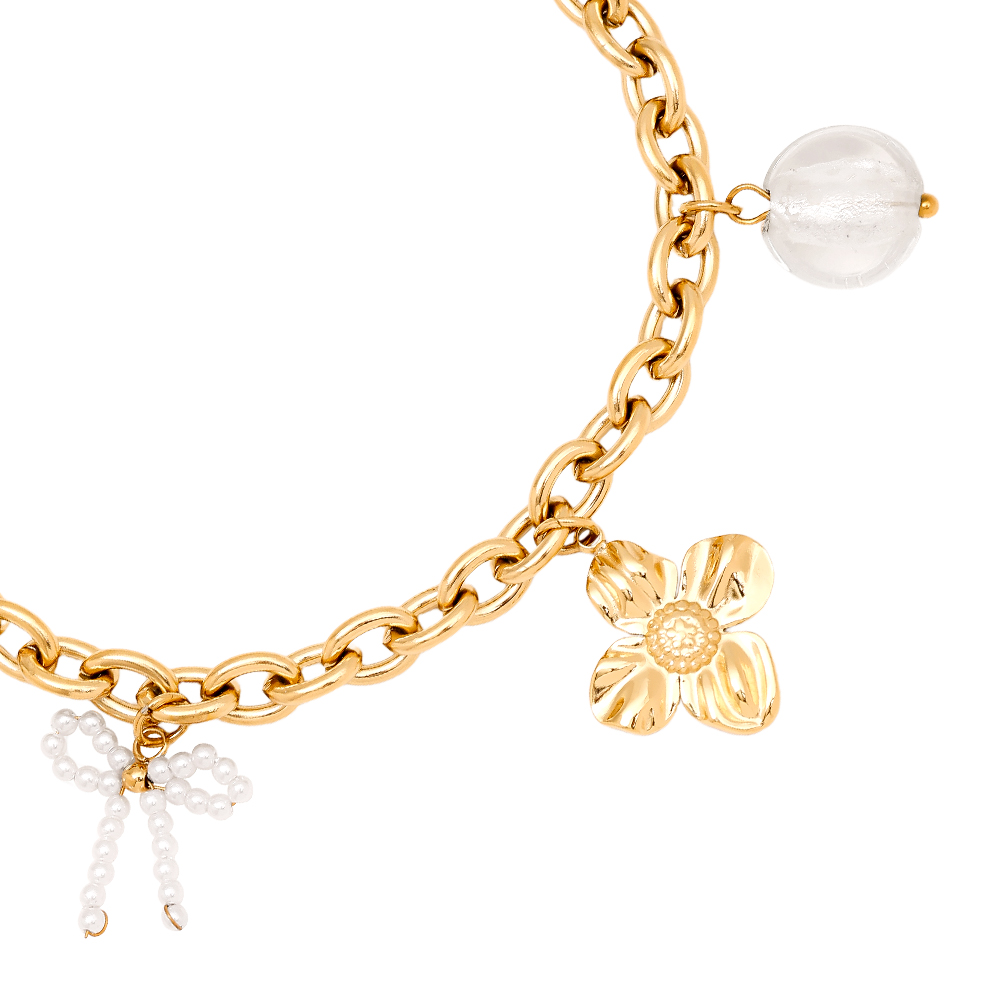 17cm Blume, Schleife und Perle Anhänger Edelstahl Armband