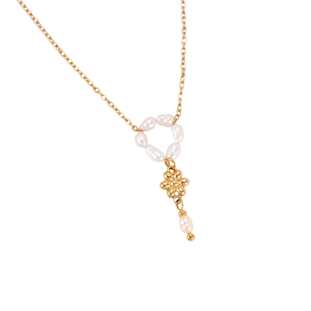 Edelstahl Halskette 42cm Perlenring und goldene Blume