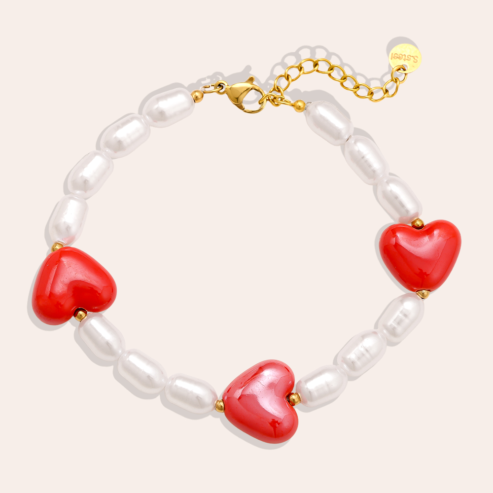 18cm Big Red Heart In Pearl Chain Edelstahl Armkette     