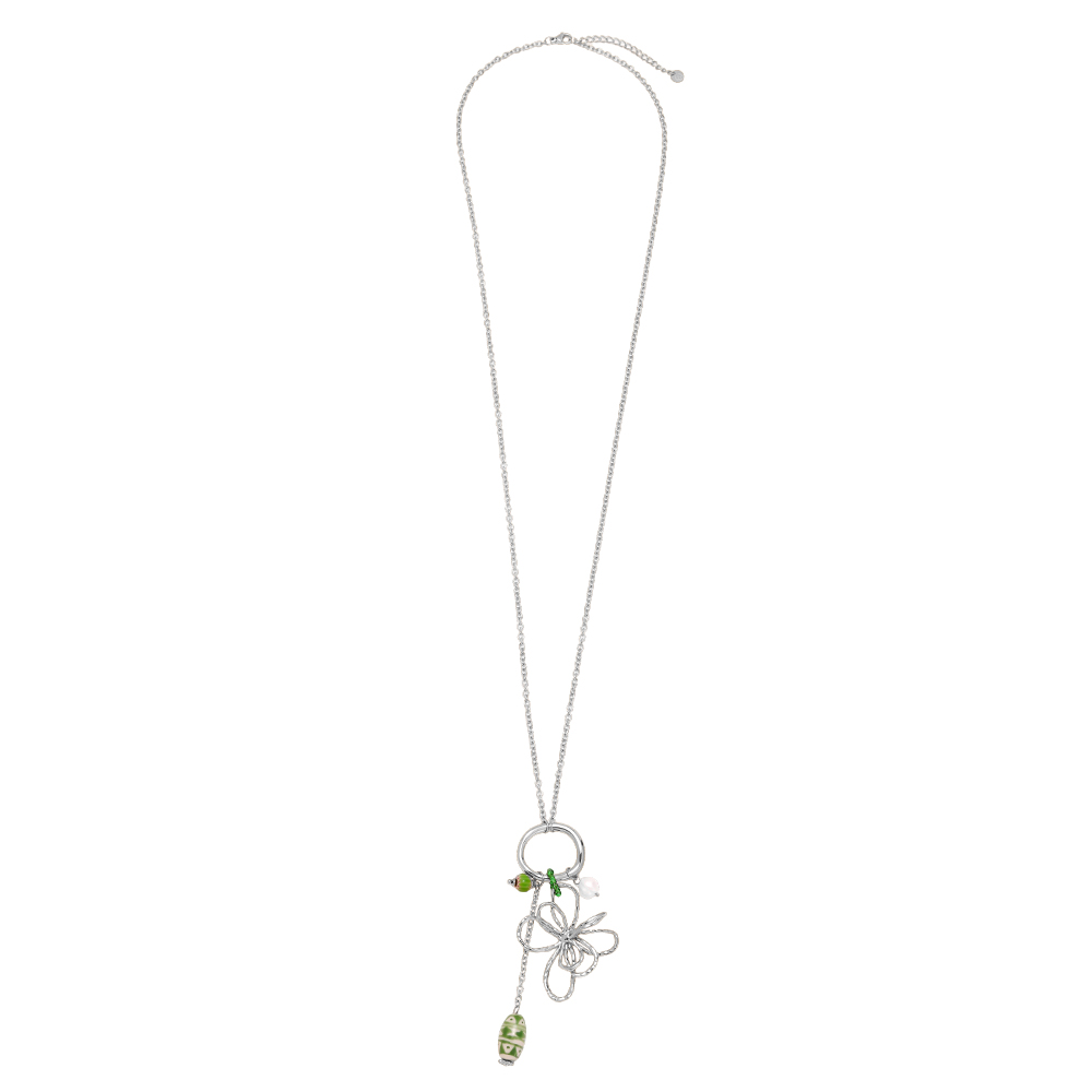 Edelstahl Halskette 79cm Doodle Blumen und grüne Deko