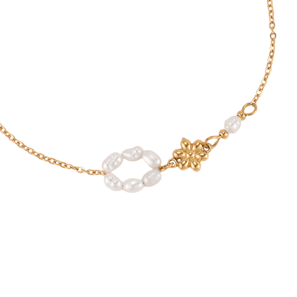 Edelstahl Armband 17cm Perlenring und goldene Blume