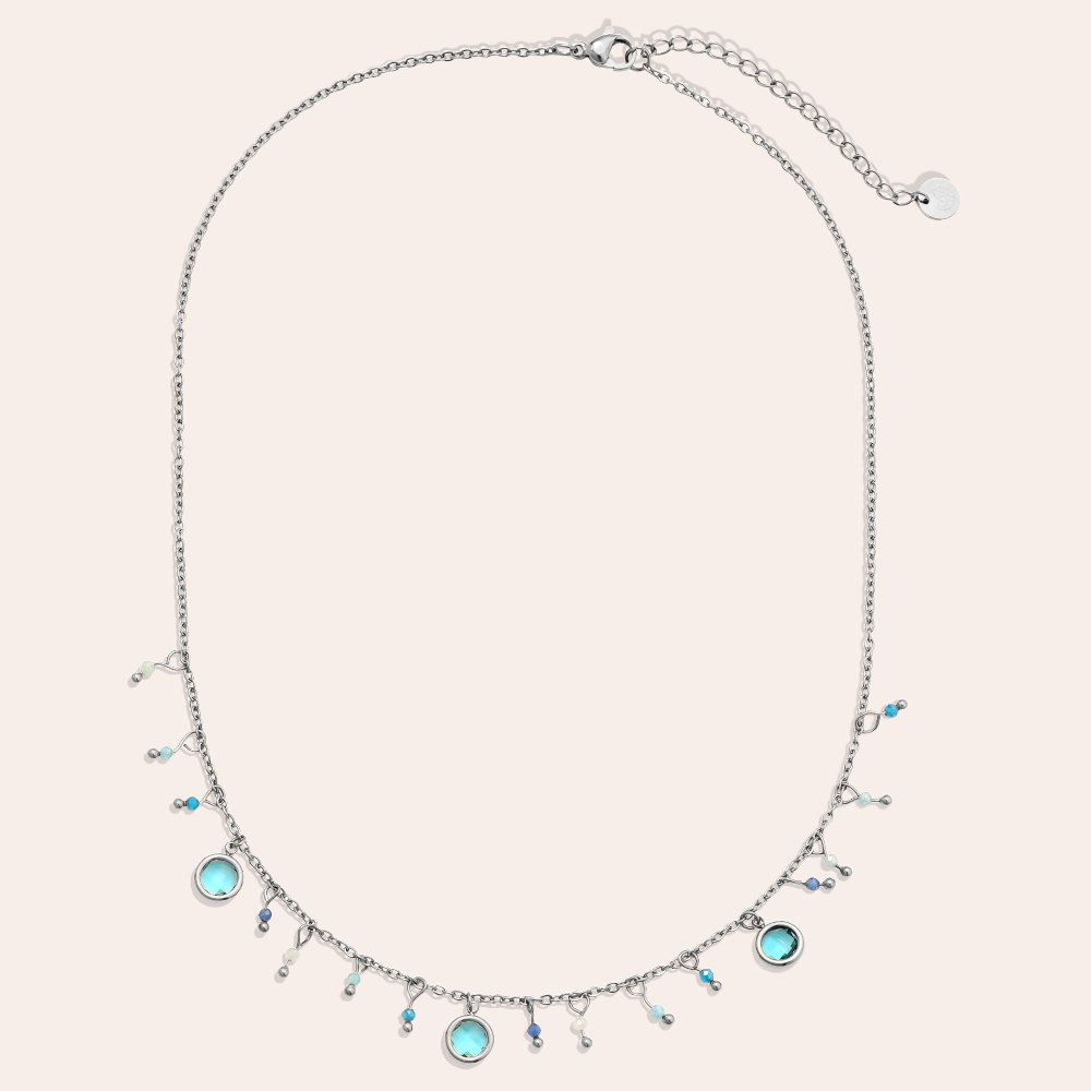 40cm blaue Glasperlen und blaue Kristalle Edelstahl Halskette  