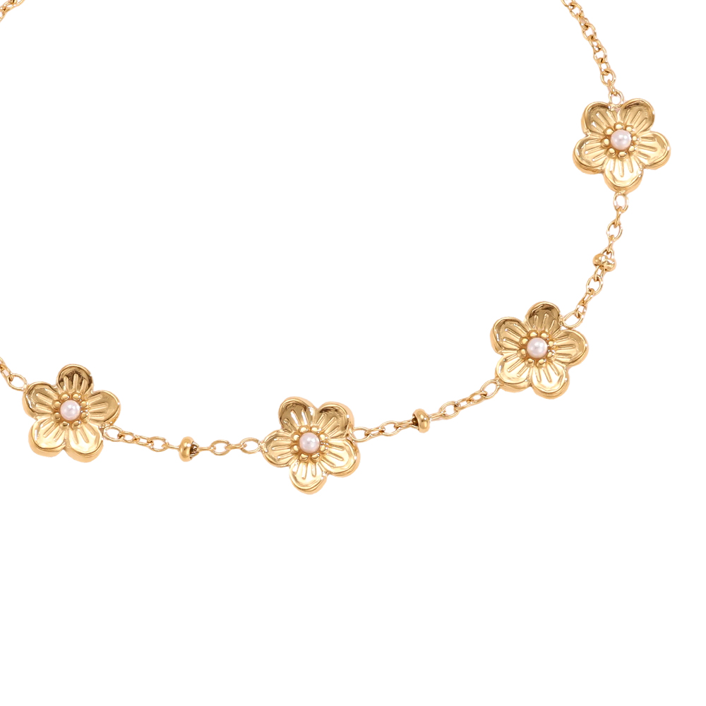 Edelstahl Armband 17cm Fünf Blumen mit kleinen Kunstperlen