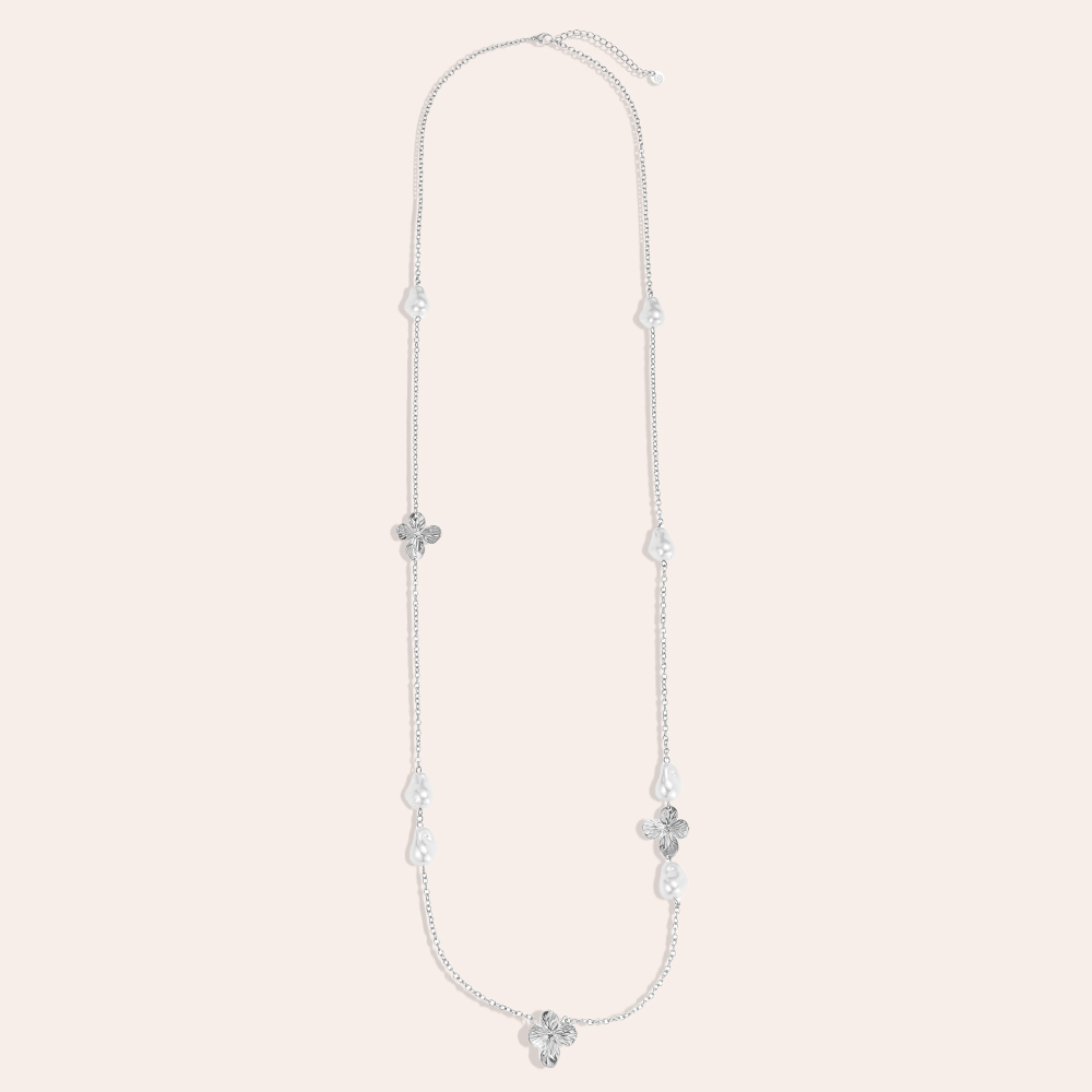Edelstahl Halskette 95cm Blumen und Perlen