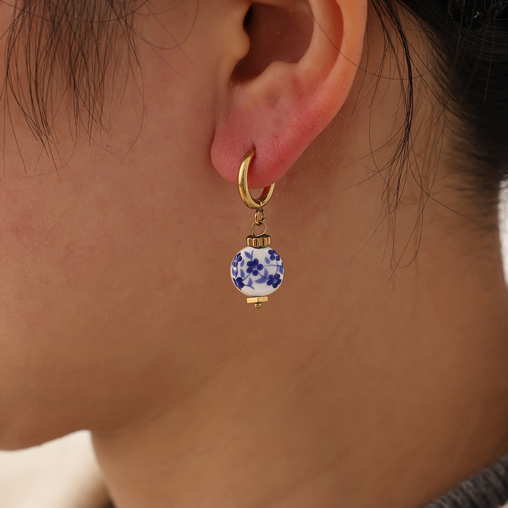 1*3cm runder Keramik Edelstahl Ohrringe    