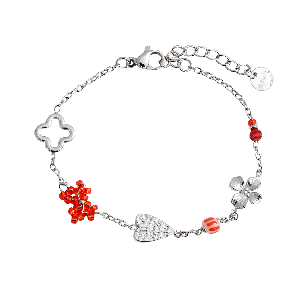 16cm Herz, Kleeblatt und Blumen Perlen Edelstahl Armband