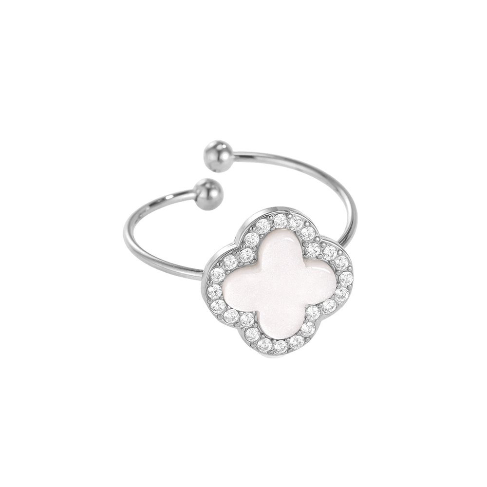 Edelstahl Ring Verstellbarer Acryl Kleeblatt mit einem Zirkonia Rand