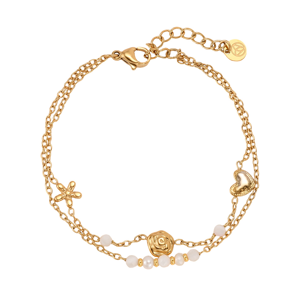 16.5cm Blume Rose Herz Perlen Doppelketten Edelstahl Armband
