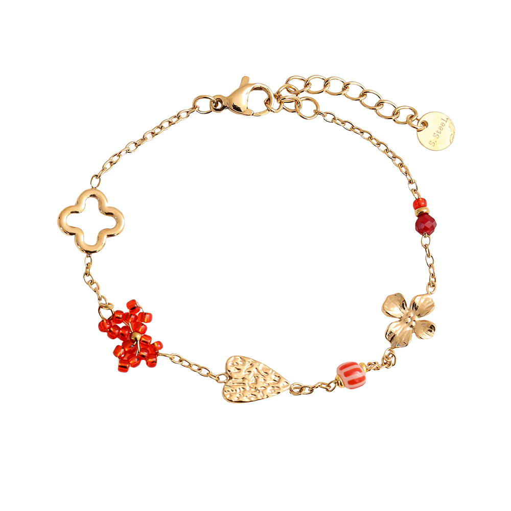 16cm Herz, Kleeblatt und Blumen Perlen Edelstahl Armband