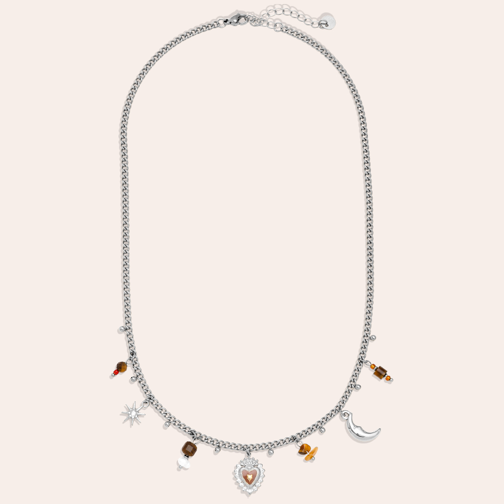 Edelstahl Halskette 42cm Natural Stone And Charms