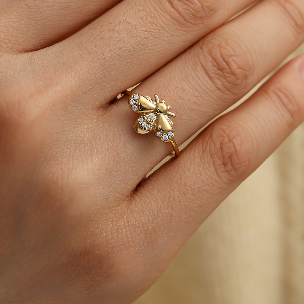 Verstellbarer Strassstein Bienen Edelstahl Ring