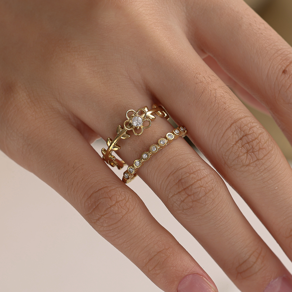 Verstellbarer Doppel Zirkonia Blumen Edelstahl Ring 