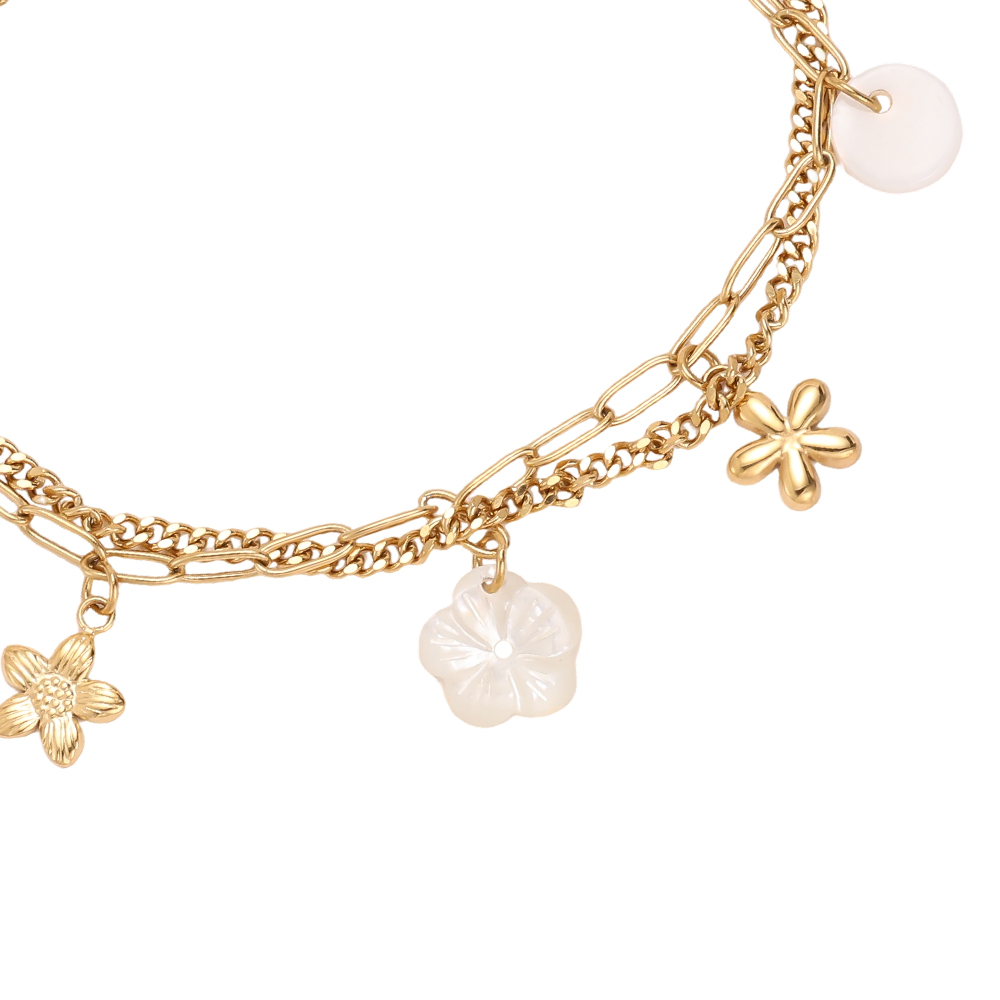 Edelstahl Armband 17cm zweireihiges mit Blumen und Perlen 