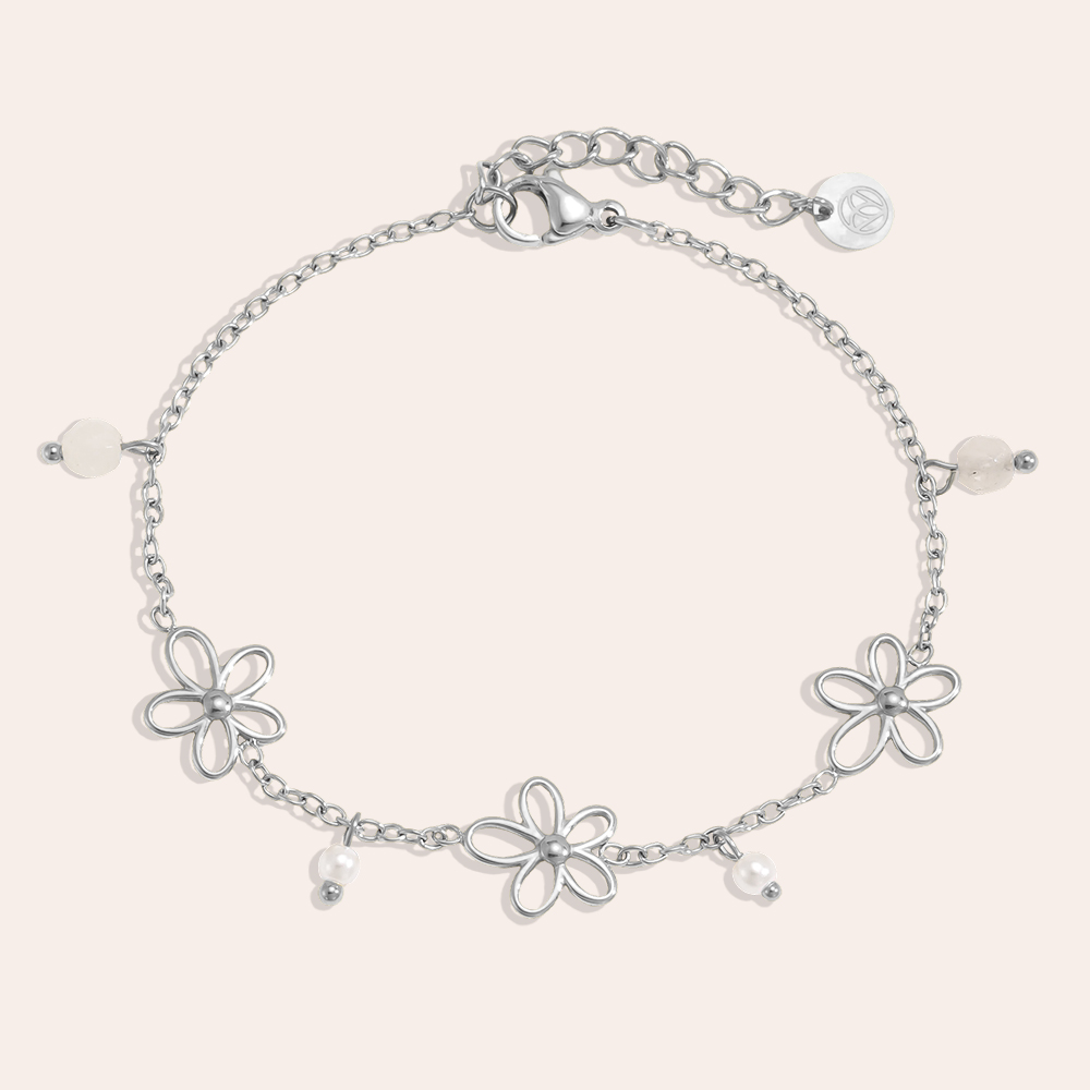 Edelstahl Armband 17cm Einfache Blumen und Perlen