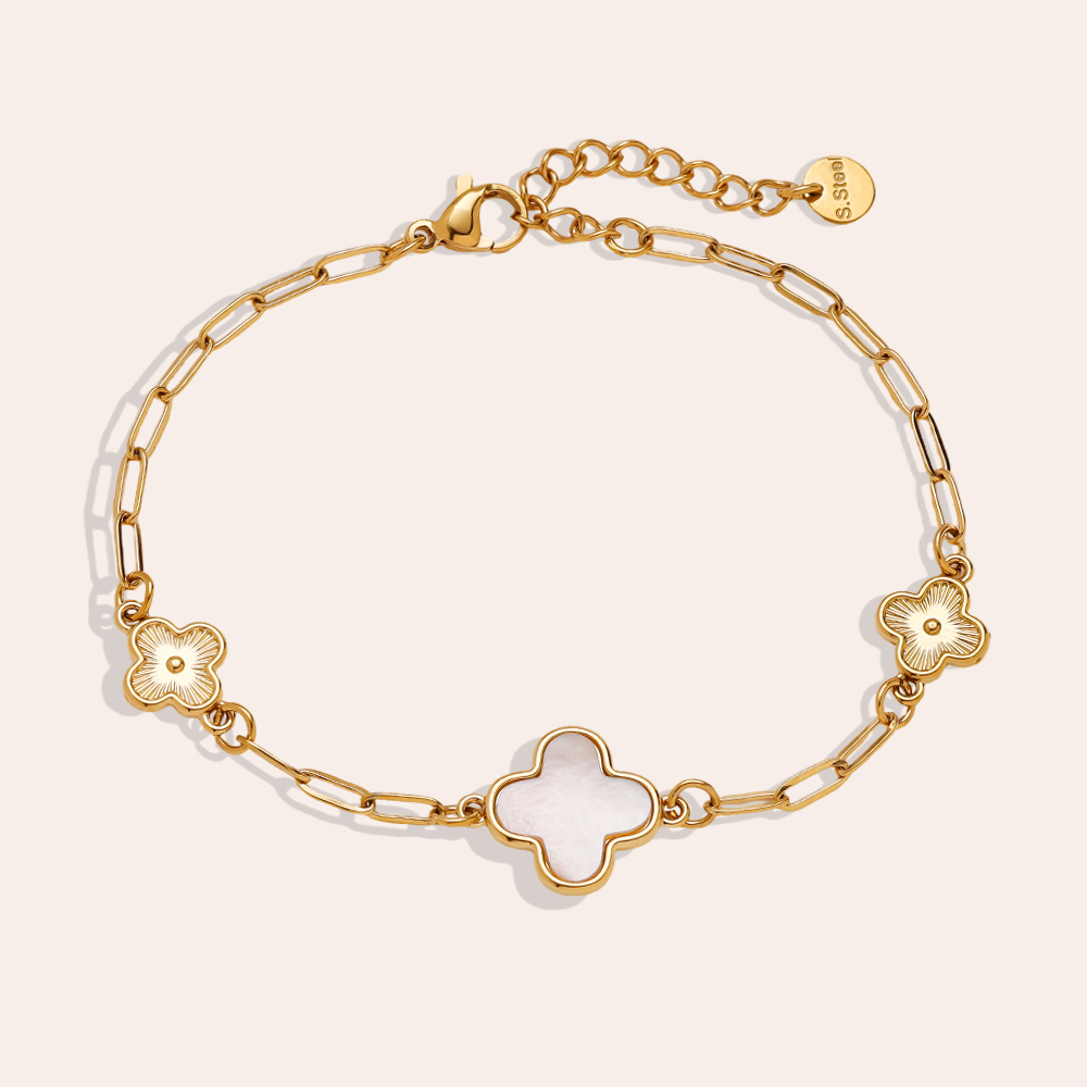 17cm Perlmutt-Vierblattklee-Blume Edelstahl Armband  