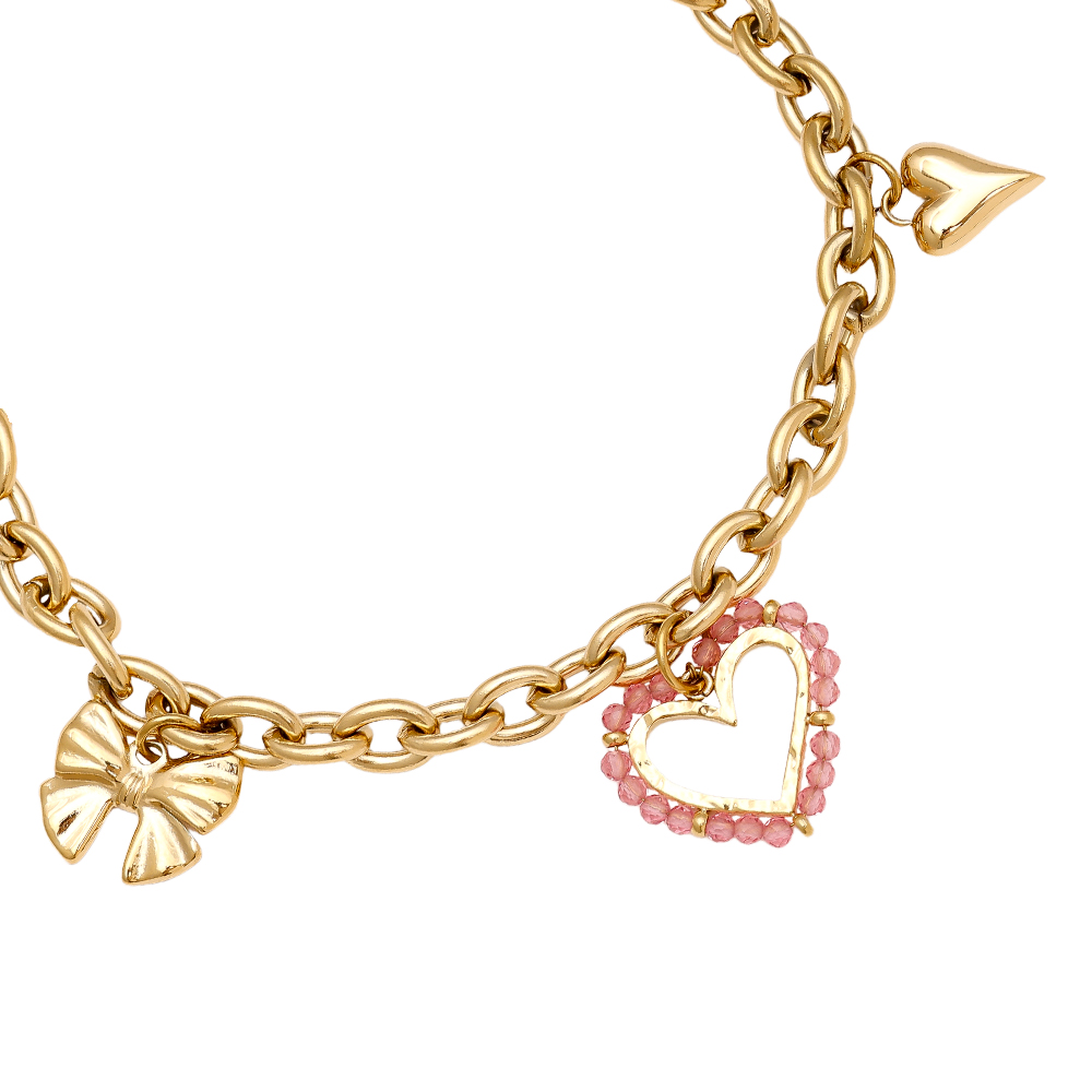 17cm Pink Heart And Charms Edelstahl Armkette       