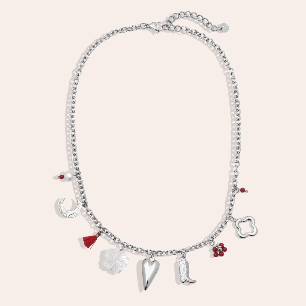 41cm Herz Stiefel Blume und Mond Edelstahl Halskette