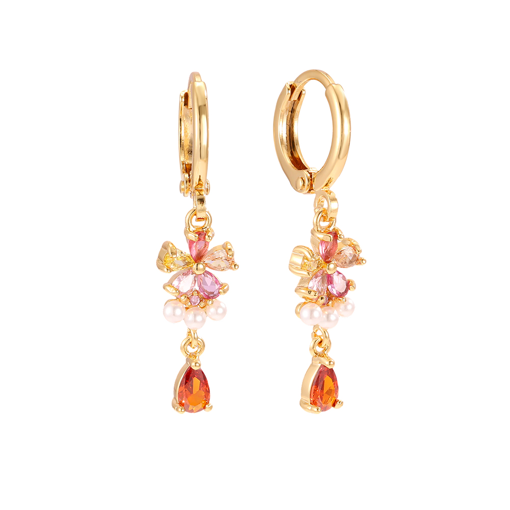 Vergoldete Ohrringe 34mm Farbiger Zirkonia Blume   